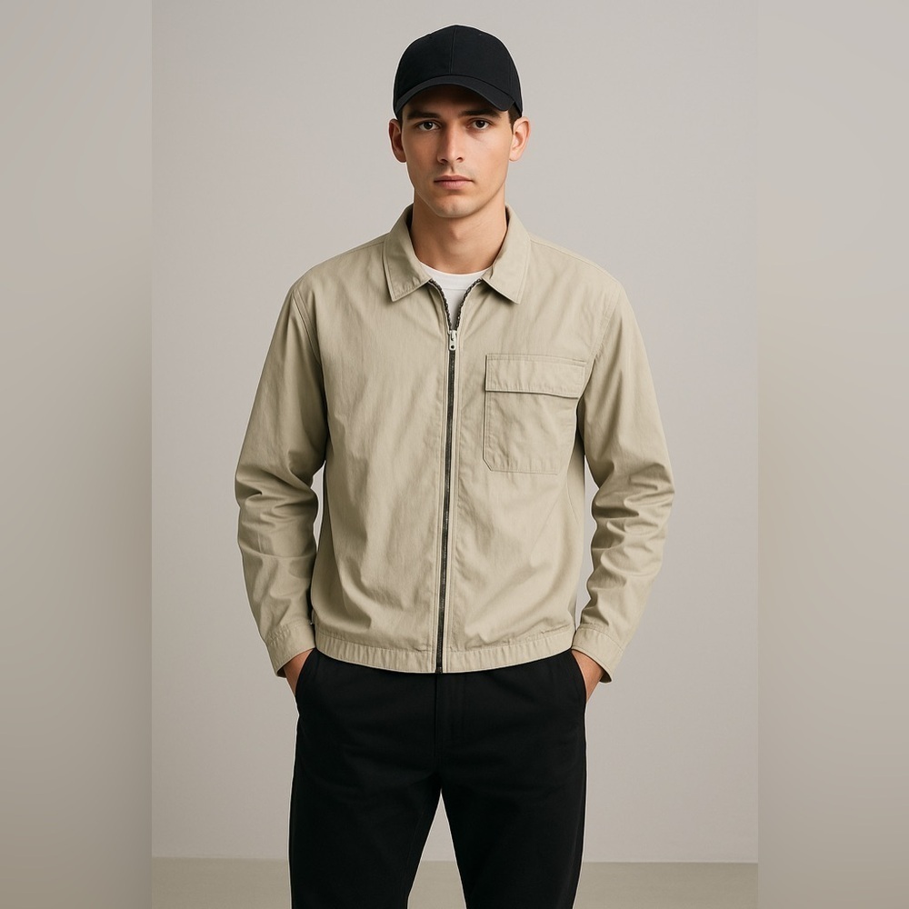 Zara Technical Utility Jacket Men’s Medium Beige Zip Up Minimalist Normcore Gorp